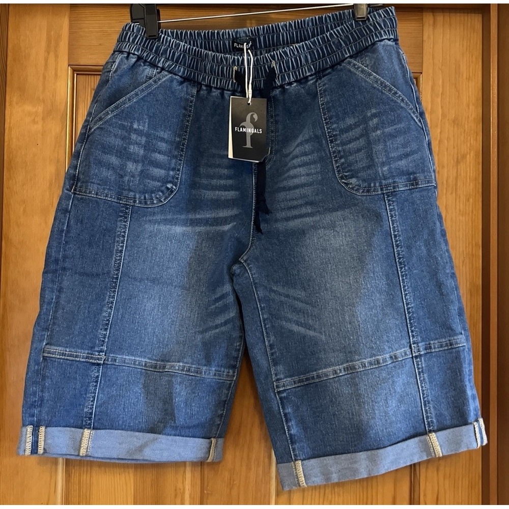 Flamingals Women's Blue Denim Bermuda Shorts Sz 2XL Elastic Waist Drawstring